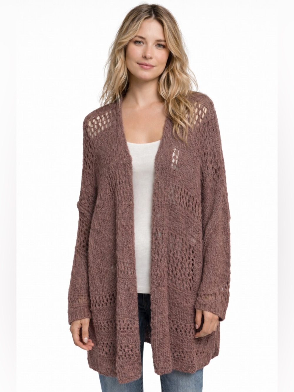 Kye Mi Boho Open Knit Cardigan Mauve Oversized Longline Lightweight Duster